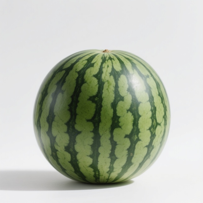 一个完整的西瓜，表皮是深绿色带有浅绿色条纹，圆形，表面光滑，放在白色背景上，光线明亮，色彩鲜艳，高清细节预览效果