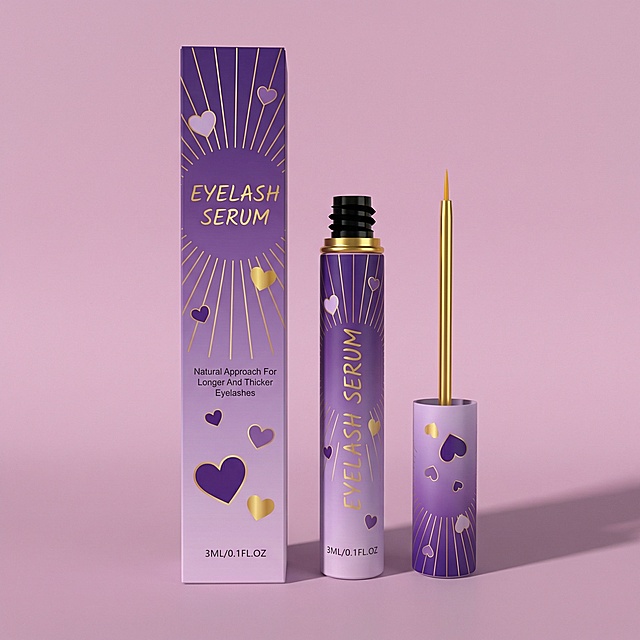 参考图中紫色渐变+放射线条+爱心元素的风格，为这款睫毛增长液设计包装，保留产品名称和容量信息