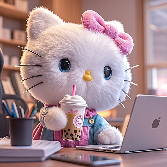 Kitty猫拿着奶茶打工