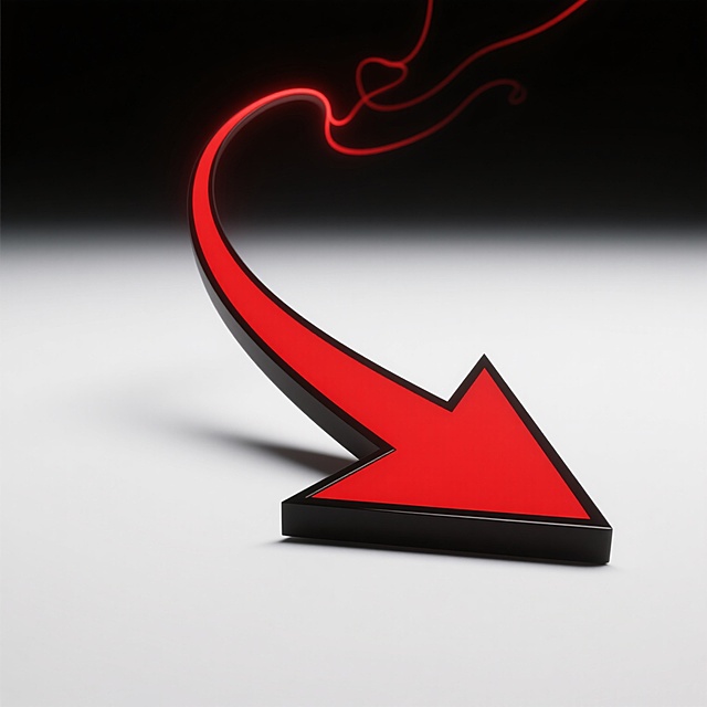 中景镜头，在一片被无尽的纯白所笼罩、宛如混沌初开般寂静的空间里，一支巨大的、线条灵动如游龙般流畅的红色箭头赫然矗立，它的边缘被深邃如夜的黑色精准勾勒，仿佛是命运之笔的点睛之触。箭头散发着炽热而夺目的光芒，如同穿越黑暗的希望之光，毫不含糊地指向未知的远方，背景的纯净白色一尘不染，没有丝毫杂质，衬托得箭头更加鲜明突出，将方向指引的信息以一种震撼而直接的方式传递出来，色调是热烈的正红色与纯粹的白色的强烈对比。