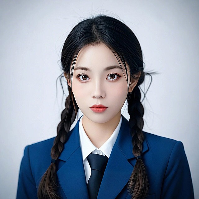 女生，白底证件照，蓝色西装，正面