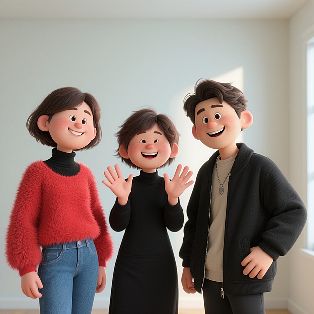 三个人物的室内合影，画面呈现出一种自然真实的摄影风格。左边人物穿着红色上衣，黑色高领内搭，蓝色牛仔裤，面带微笑。中间人物身着黑色衣服，双手举起，手掌张开，表情愉悦。右边人物穿着黑色外套，内搭浅色衣物，佩戴项链，姿态放松，面带笑容。背景为浅色墙壁，整体氛围轻松愉快，光线柔和均匀，人物面部清晰，细节丰富。