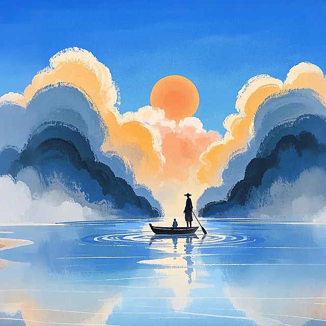 一个人在划船，落日时分