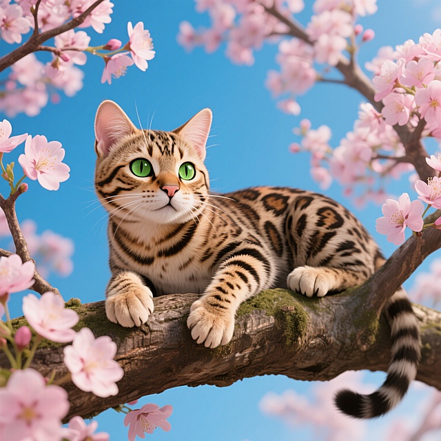 一只绿眼睛的孟加拉豹猫趴在开满粉色花朵的树枝上，前爪搭在树干边缘，背景是蓝天和繁茂的花枝。