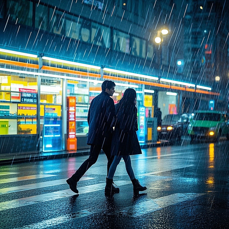 街头，情侣匆匆走过，动态模糊