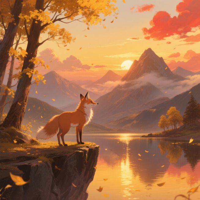 中景镜头，在色彩绚丽的动漫风格插画里，暖色调为主，以金黄、橙红、暖棕交织渲染出画面。一只灵动的狐狸优雅地站在险峻的悬崖边缘，它的毛发蓬松柔软，每一根都仿佛散发着微光，眼神深邃而沉静，凝望着远方。远处是连绵起伏的山峰，山峰的轮廓在暖光中若隐若现，山顶缭绕着淡淡的云雾，如同神秘的面纱。山脚下是一片平静如镜的湖泊，湖水闪烁着金色的波光，倒映着天空与山峰的美景。湖边生长着几棵高大的树木，树枝上挂满了金……预览效果