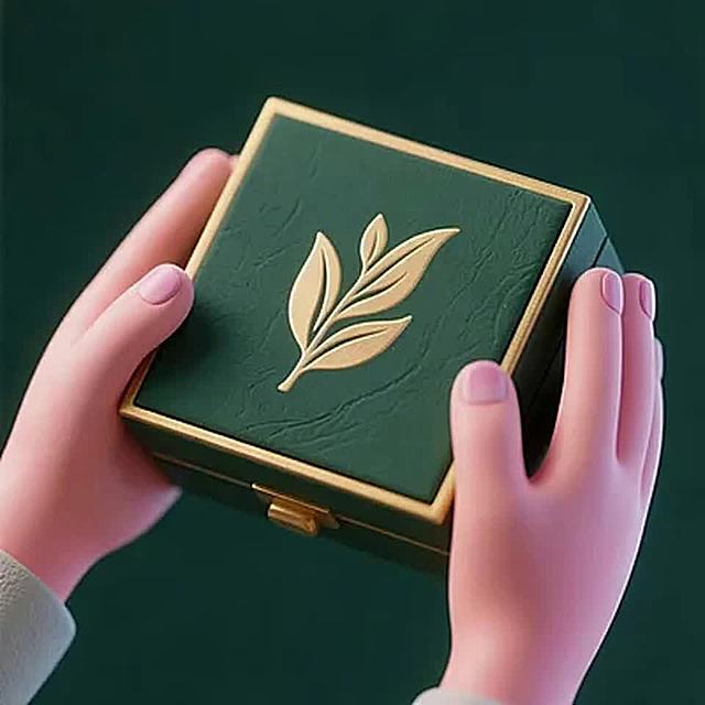 3D风重拟物设计，浮雕金属叶纹与墨绿礼盒交织奢华感，优雅呈现唯美主义珠宝，节日馈赠之选。