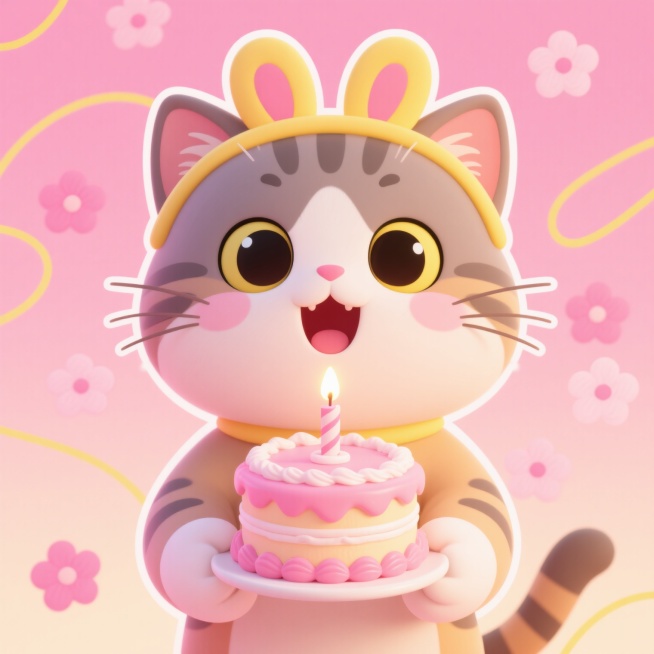 可爱的卡通风格逼真猫崽子，粉色渐变背景点缀着粉色小花和黄色线条，猫崽子有着大大的圆眼睛、小巧的鼻子和张开的嘴巴，表情惊喜可爱，戴着黄色的兔子耳朵发箍，手中捧着一个三层的粉色奶油蛋糕，蛋糕上插着一根点燃的蜡烛，整体画面充满欢快明亮的氛围，线条圆润流畅，色彩柔和甜美，带有卡通特有的夸张萌系特征。预览效果