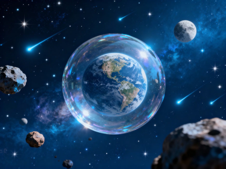 一个漂浮在宇宙中的巨型透明泡泡,泡泡内是缩小版的地球和月球,周围环绕着发光的小行星和流星,深蓝色背景点缀着闪烁的星星,科幻与梦幻结合预览效果