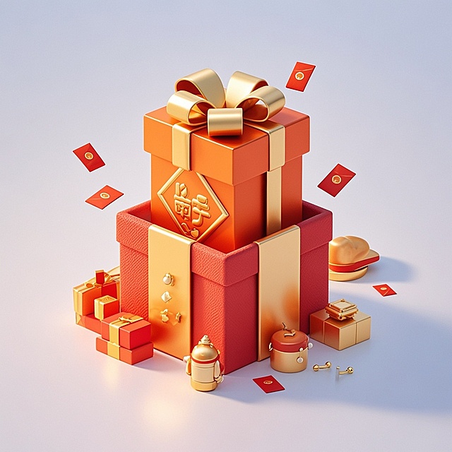 礼盒，周围放射状的红包