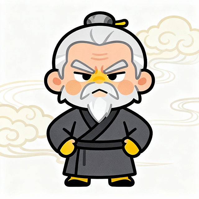 Q版卡通风格的老子形象，身材矮小，穿着传统的深色道袍，头发和胡须花白但根根分明，眉头紧锁，嘴巴紧闭，眼神锐利带着一丝不耐烦，双手叉腰，姿态显得有些生气和暴躁，背景是简单的云纹图案，整体画面可爱又带点反差萌
