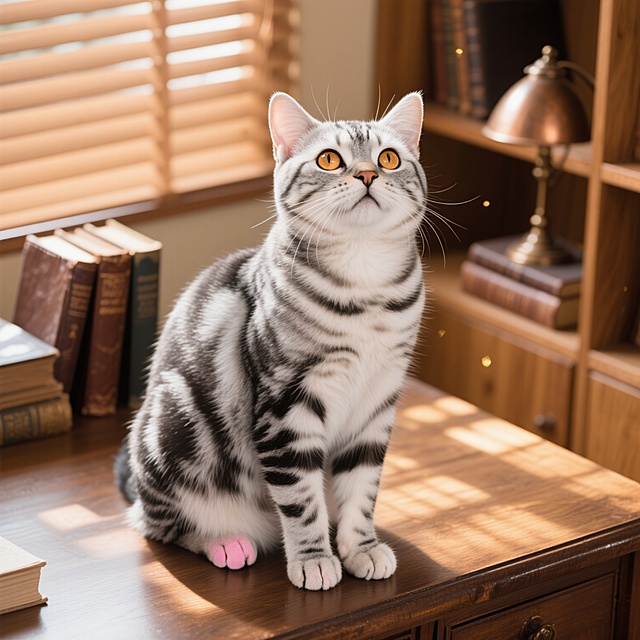 俯视角特写，一只银灰色虎斑纹美国短毛猫正以优雅的坐姿端坐在复古橡木书桌上，它蓬松柔软的毛发在午后斜射的阳光中泛着珍珠般的光泽，黑色条纹如同手绘般清晰地勾勒出脊背的轮廓。琥珀色的圆形眼睛好奇地向上仰望，瞳孔因光线而微微收缩成漂亮的枣核状，耳朵警觉地向前竖起，顶端覆盖着细腻的绒毛。前爪并拢在胸前，粉色肉垫半藏在雪白的爪毛中，细长的胡须随着轻微的呼吸微微颤动。背景是温暖的浅棕色木质书架，上面散落着几本皮质封面的旧书和一个铜制台灯，阳光透过百叶窗在猫身上投下斑驳的光影，空气中漂浮着细微的金色尘埃，整体画面散发着沉静而温暖的书香气息，8K超高清细节捕捉每一根毛发的质感与光泽变化。