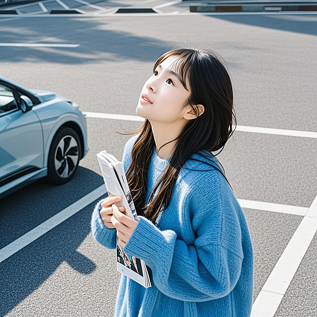 实景感与光影交织，清新蓝调毛衣搭配杂志风画面，柔和自然光勾勒文艺时尚轮廓，营造舒适惬意的都市瞬间。