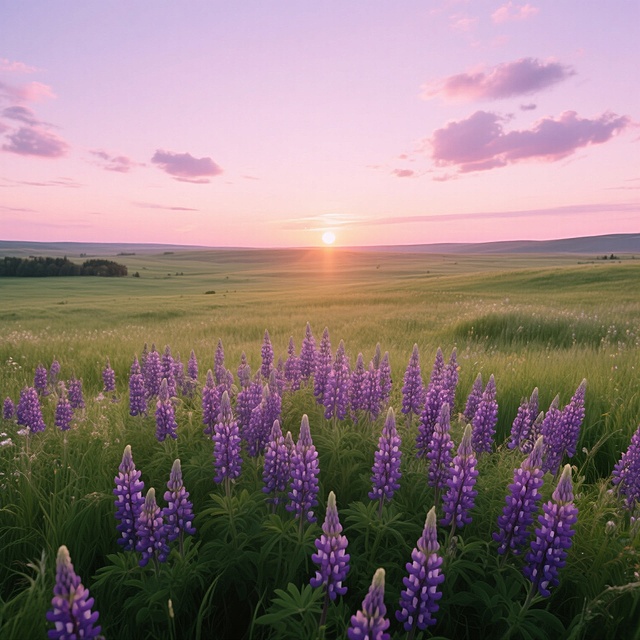 在广阔的原野上，夕阳西下，天空被染成了柔和的粉紫色，几朵云彩点缀其间。前景中，大片的紫色鲁冰花在绿色的草丛中绽放，花朵在夕阳的余晖下显得格外鲜艳。