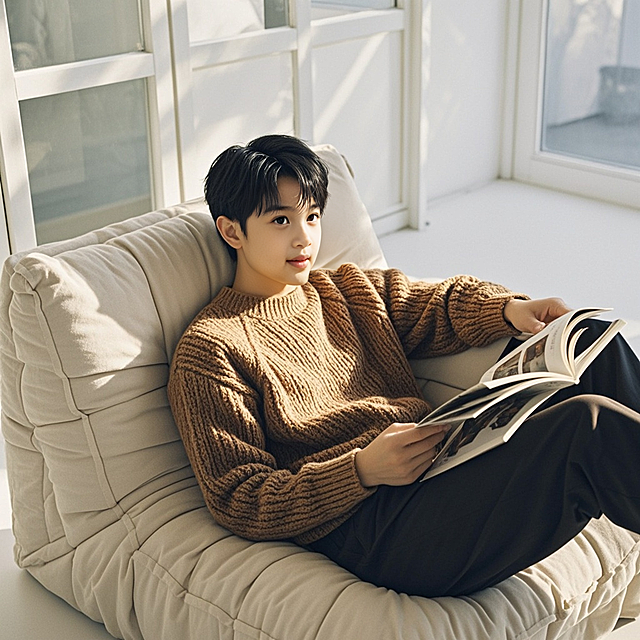 一个男生，坐在沙发上，杂志，棕色毛衣，白色墙壁
