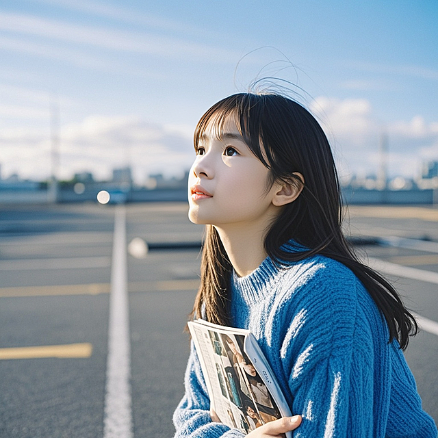 抱着杂志的女生，蓝色毛衣，停车场，蓝天