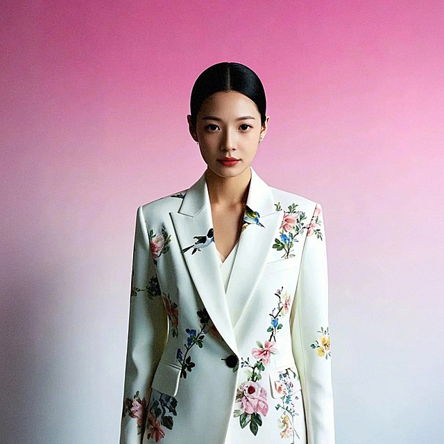 一个女生，正面，花鸟图案白色西服，粉白渐变背景
