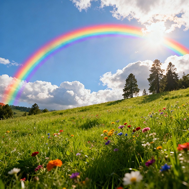 一道绚丽的彩虹横跨天际，红橙黄绿青蓝紫七种颜色清晰分明，色彩饱满鲜艳，彩虹下方是郁郁葱葱的绿色草地，点缀着五颜六色的小花，远处有几棵高大的树木，天空中飘着几朵洁白的云朵，阳光透过云层洒下，整个画面充满生机与希望，温暖明亮的氛围
