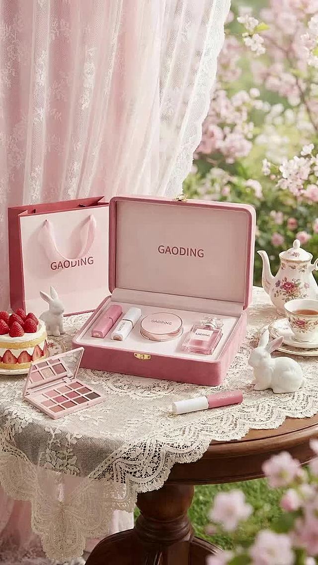 粉嫩柔光美学，轻拟物风融合复古宫廷元素，蕾丝桌布与樱花景致营造浪漫温馨氛围，木质香氛瓶点缀自然清新感。
