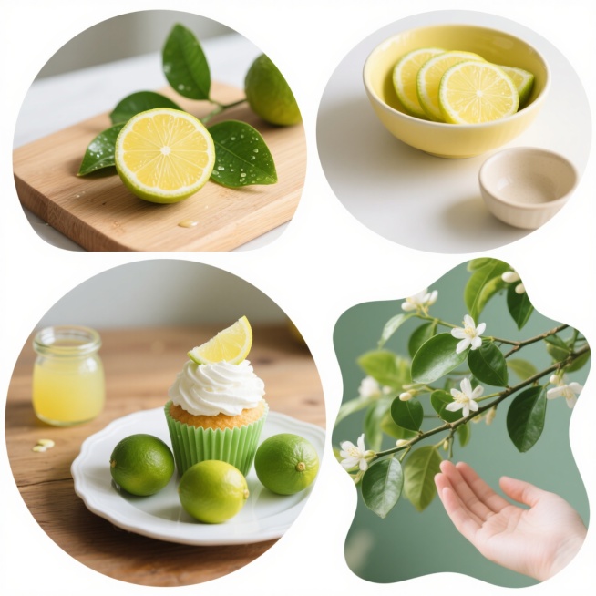 全景镜头，一张清新明亮摄影风格的海报，由五部分青柠主题元素构成，各元素通过不同形状框加以区分，层次清晰，整体营造出夏日清爽与活力的氛围，以黄、绿、白为主色调。海报左上角，圆形框内采用虚化背景的浅景深效果，聚焦于一块纹理清晰、散发着自然木香的木质砧板上，一个刚被切开的青柠静静躺在那里，翠绿的叶子还带着清晨的露珠，鲜嫩欲滴。右上角的圆形框里，一个浅黄色的陶瓷碗中，整齐地码放着青柠切片，旁边是一个精……预览效果