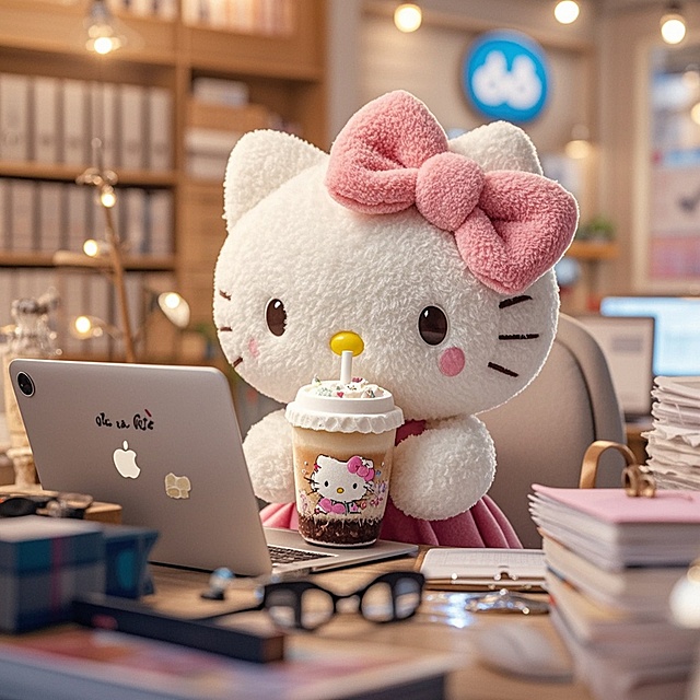 可爱卡通风格，拟人化猫咪办公场景，温馨有趣。