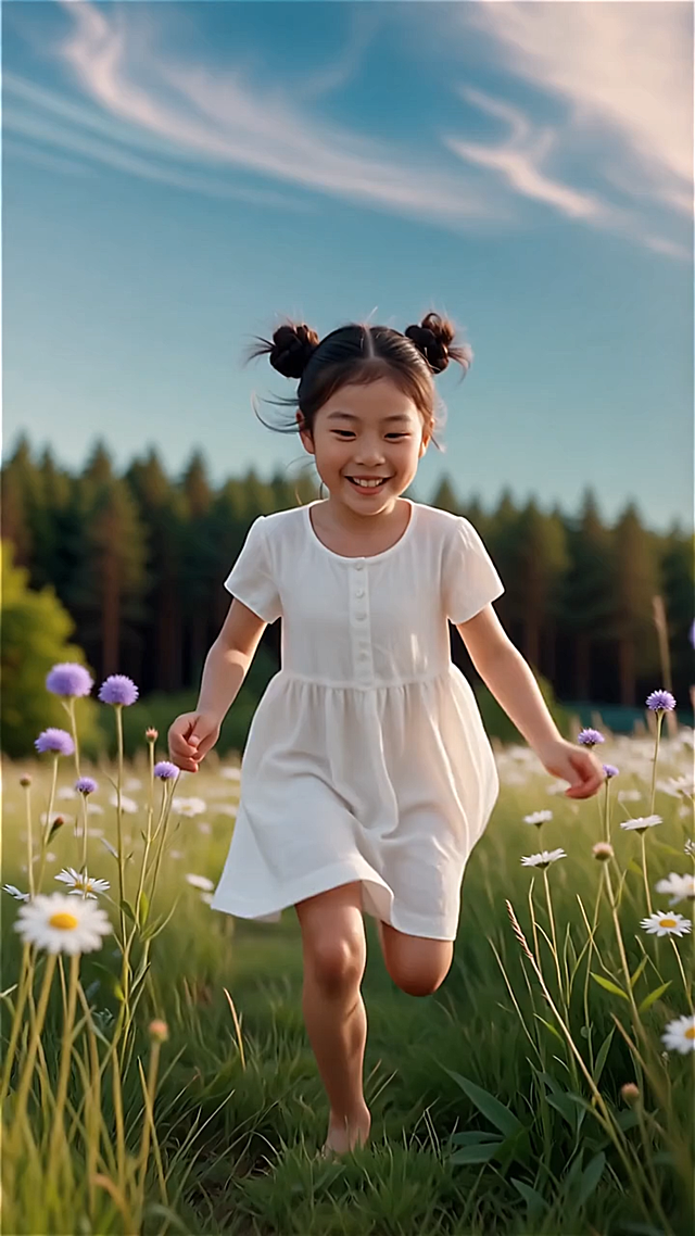 一个小女孩在草地上奔跑