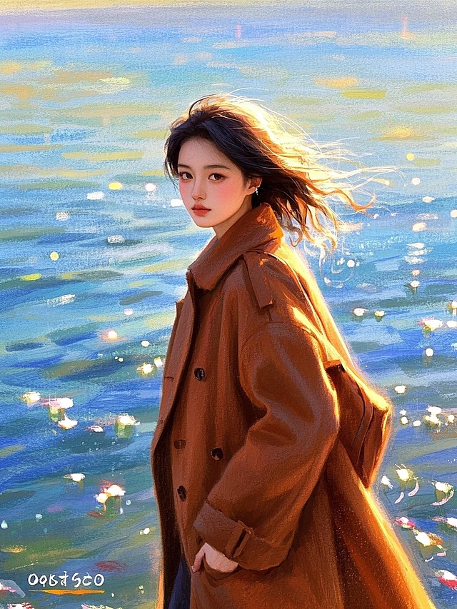 一个女生，穿着焦糖色大衣，在湖边回头