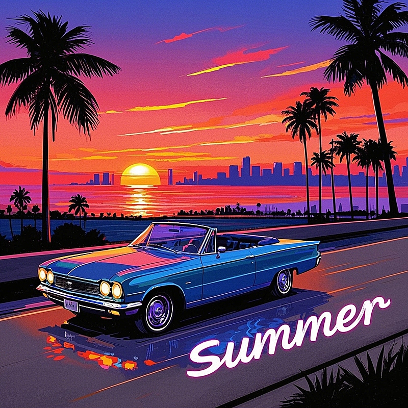 汽车，落日，棕榈树，手写英文“summer”