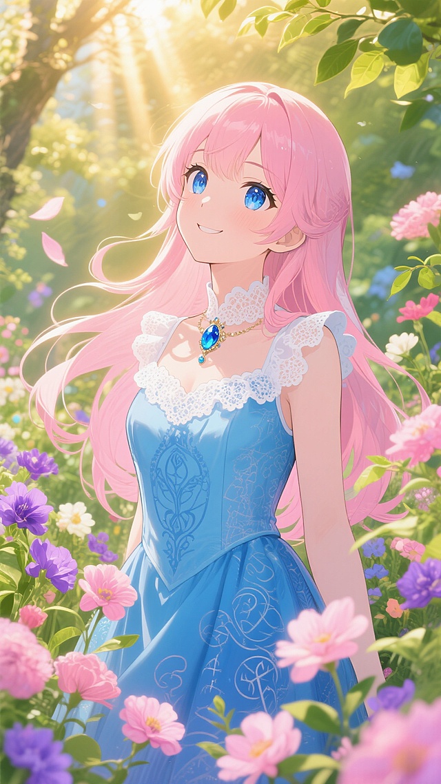 中景镜头，在一片如梦幻仙境般的神秘花园里，五颜六色的花朵肆意绽放，粉色与紫色的花瓣随风轻舞，嫩绿的叶子在微风中沙沙作响，阳光如金色的丝线般透过树叶的缝隙洒下。一位有着柔顺粉色长发、宛如蓝宝石般澄澈眼睛的动漫少女，静谧地立于花丛中央。她身着一件华丽的蓝色裙装，裙上的花纹似是神秘的符文，散发着柔和的光芒。领口处，精致雪白的蕾丝宛如云朵般轻盈，镶嵌的蓝色宝石闪烁着幽谧的光辉。少女微微仰头，嘴角噙着一抹甜美的微笑，阳光洒在她身上，勾勒出一层迷人的金色轮廓，营造出清新、梦幻且活力四溢的童话氛围，色调以明快的粉色、蓝色与嫩绿为主，相互交织，充满生机。