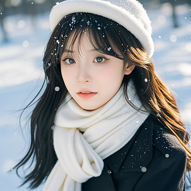 女生，黑色长发，白色围巾，白色帽子，黑色风衣，雪地，眼部大特写