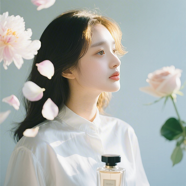 柔光映衬下，少女侧颜凝望，花瓣轻舞，香水瓶静置胸前，水彩风与弥散光影交织，营造出清新梦幻的文艺浪漫氛围。