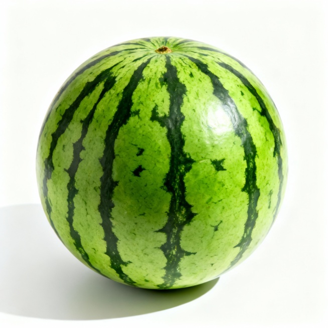 一个完整的西瓜，绿色的外皮带有深色的条纹，表面光滑，放在白色的背景上，光线明亮，色彩鲜艳预览效果