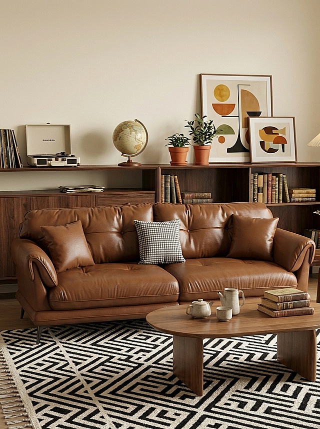 一张中古风家居场景图，主体是棕色皮质沙发，带有两个同色皮质靠枕和一个千鸟格靠枕，沙发饱满填充、稳固落地。参考图的暖调氛围，采用柔和漫射光，背景是米白色墙面，墙面下方摆放深胡桃木置物架，架上放置复古唱片机、地球仪、植物盆栽、装饰画、书籍。沙发前方铺有黑白几何图案地毯，摆放椭圆形木质茶几，茶几上放置茶具和书籍。机位微侧15度，构图采用三分法，画面有前中后景层次，整体温暖有质感。