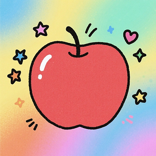 可爱卡通苹果插画，emoji风星星点缀，色彩渐变背景。