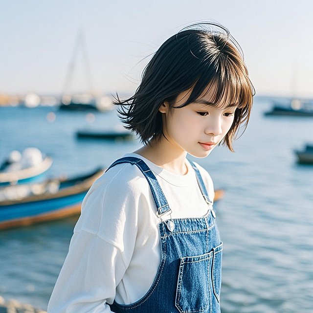 旅行女生，在海边，短头发，穿牛仔的背带裤，白色长袖打底