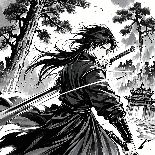 一个英俊的中国古代侠客，飘逸的黑发，战斗动作