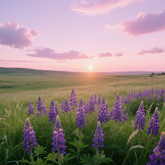 在广阔的原野上，夕阳西下，天空被染成了柔和的粉紫色，几朵云彩点缀其间。前景中，大片的紫色鲁冰花在绿色的草丛中绽放，花朵在夕阳的余晖下显得格外鲜艳。
