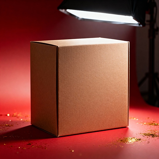 正方形大型卡纸材质的无字空白包装盒，背景为红色渐变，光线高级细腻，背景零散洒金营造新年节日氛围，突出产品的质感与自然调性，摄影级构图，低饱和暖色调，自然光影效果，整体营造高端、质感、富有艺术氛围的格调