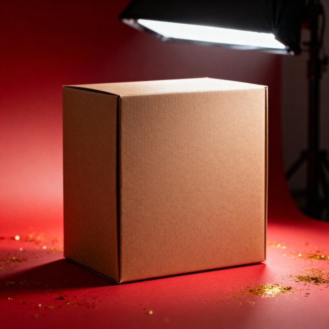 正方形大型卡纸材质的无字空白包装盒,背景为红色渐变,光线高级细腻,背景零散洒金营造新年节日氛围,突出产品的质感与自然调性,摄影级构图,低饱和暖色调,自然光影效果,整体营造高端、质感、富有艺术氛围的格调预览效果
