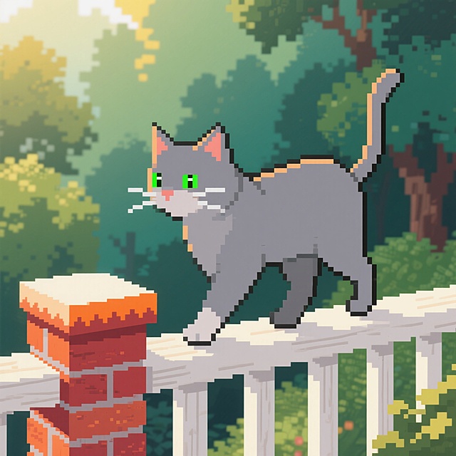 俯视45度视角，像素艺术风格，一只纯灰色8-bit像素猫正优雅地走在16位色彩的白色木栏杆上，它有着明亮的绿色像素眼睛闪烁着8×8光点，竖立的三角形像素耳朵尖端微微前倾，由5×3像素块组成的胡须清晰可见，侧后方的阳光用暖橙色像素点阵在猫的轮廓和红砖柱子边缘形成锯齿状光晕，背景是模糊的4色渐变绿色植物和树木像素群，猫的姿态由警觉的32×48像素块构成，眼神专注地看向镜头方向，整体画面呈现复古游戏的像素美学，色彩明快而有层次感，每个像素块都精准传达出细腻的质感和宁静自然的氛围。