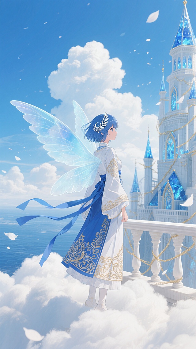 远景镜头，在如棉花糖般蓬松柔软的洁白云朵之上，一座由蓝色琉璃与金色丝线交织搭建的梦幻城堡熠熠生辉。城堡露台边缘，一位身着蓝白交织、金线勾勒出繁复花纹传统服饰的动漫风格少女俏立着，她那灵动的蓝色短发随风轻舞，发间精致的银色月桂叶装饰在阳光照耀下闪烁微光。少女背后，一对如薄纱般轻盈、散发着淡淡蓝光的半透明翅膀缓缓扇动，带起丝丝梦幻的气流。服饰上的蓝色丝带随着翅膀的扇动在空中肆意飘舞，仿佛是灵动的蓝色精灵。蓝天白云作为背景，蓝天如深邃的海洋般宁静而广阔，洁白的云朵似仙女洒落的花瓣，漂浮变幻。整体画面被一层柔和的淡蓝色光晕笼罩，充满了空灵梦幻之感。