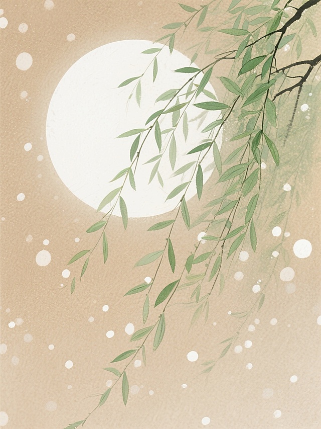 浅棕色背景上，白色圆形月亮旁，绿色柳枝自然垂落，柳枝细节清晰，叶片层次分明，背景散布白色光斑，营造出宁静、柔和的氛围。