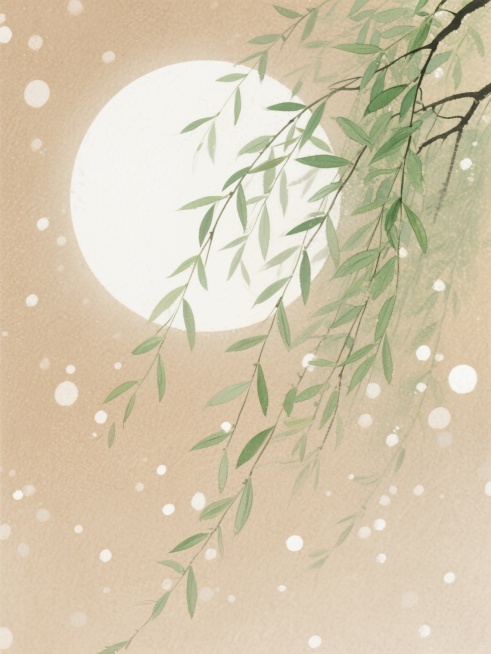 浅棕色背景上，白色圆形月亮旁，绿色柳枝自然垂落，柳枝细节清晰，叶片层次分明，背景散布白色光斑，营造出宁静、柔和的氛围。预览效果