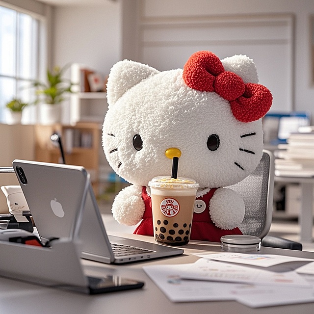 可爱卡通拟人风，萌猫办公喝奶茶，温馨日常场景。