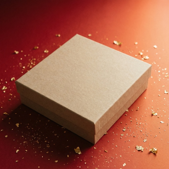正方形大型卡纸材质的无字空白包装盒，背景为红色渐变，光线高级细腻，背景零散洒金营造新年节日氛围，突出产品的质感与自然调性，摄影级构图，低饱和暖色调，自然光影效果，整体营造高端、质感、富有艺术氛围的格调预览效果