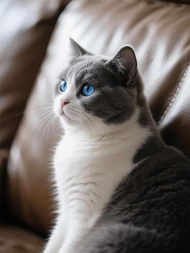 一只灰白相间的英国短毛猫，蓝色眼睛，靠在皮质沙发背景前，转头看向侧面，光线柔和，突出猫的毛发纹理和表情细节。