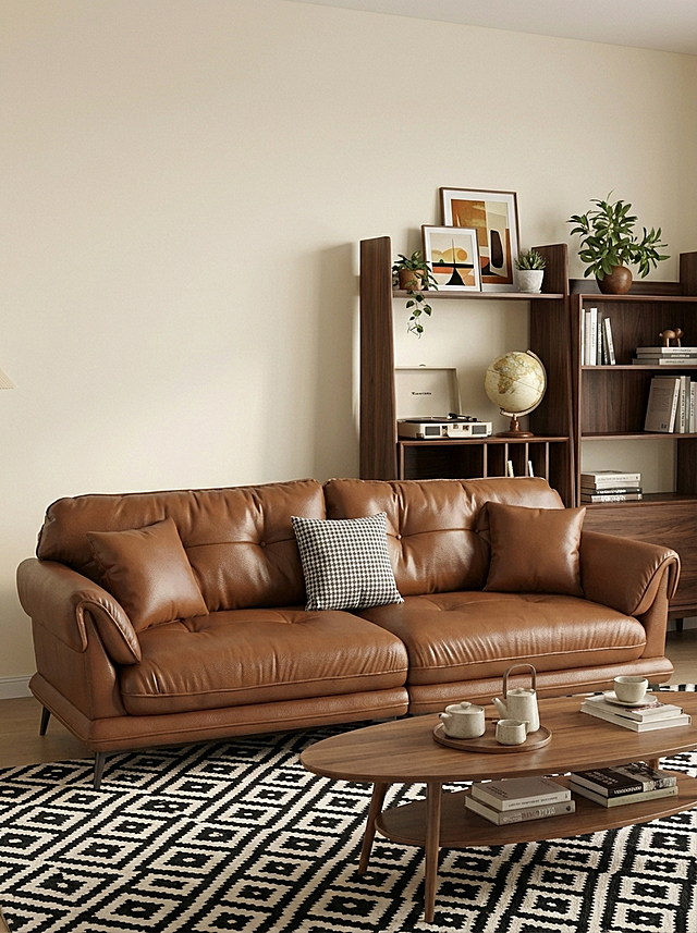 一张中古风家居场景图，主体是棕色皮质沙发，带有两个同色皮质靠枕和一个千鸟格靠枕，沙发饱满填充、稳固落地。参考图的暖调氛围，采用柔和漫射光，背景是米白色墙面，墙面下方摆放深胡桃木置物架，架上放置复古唱片机、地球仪、植物盆栽、装饰画、书籍。沙发前方铺有黑白几何图案地毯，摆放椭圆形木质茶几，茶几上放置茶具和书籍。机位微侧15度，构图采用三分法，画面有前中后景层次，整体温暖有质感。