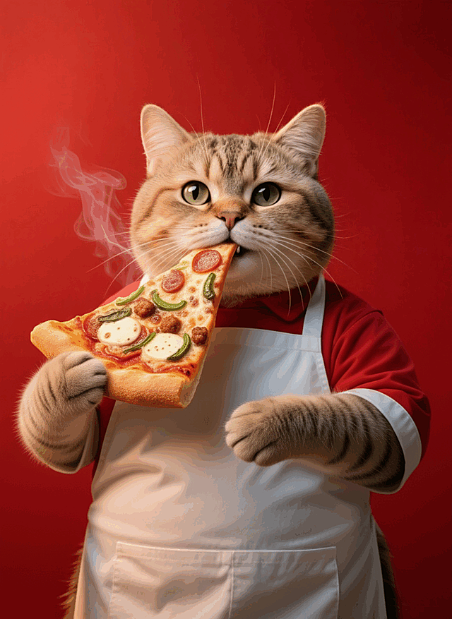 让图2的猫拿起一块图1的披萨，大口的吃，看起来十分美味