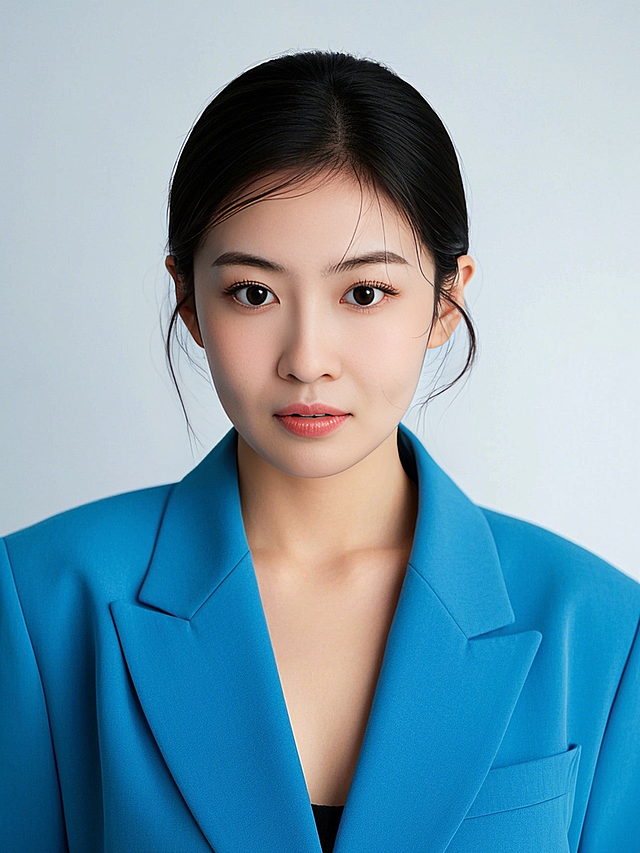 女生，白底证件照，蓝色西装，正面