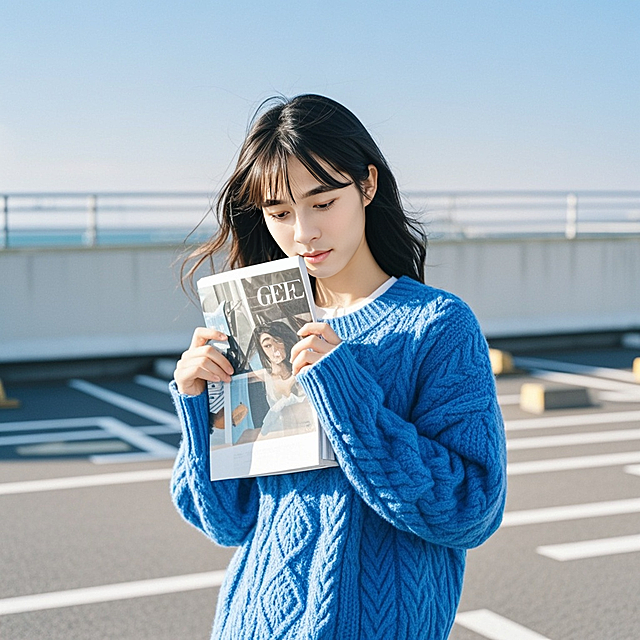 抱着杂志的女生，蓝色毛衣，停车场，蓝天